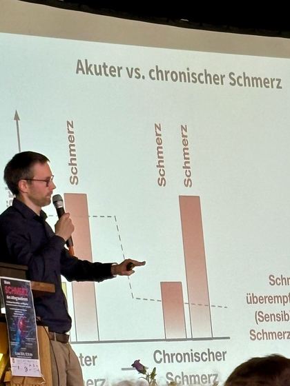 Fachvortrag zum Unterschied zwischen akutem und chronischem Schmerz, auf der Leinwand ein Balkendiagramm. 4. Erzhäuser Gesundheits- & Pflegetag Erzhausen 2026.